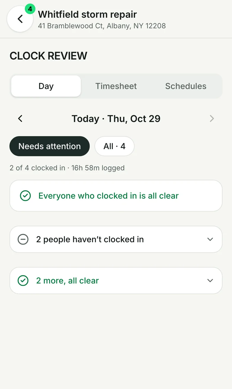 Clock review for the day: everyone who clocked in, who hasn't, flags first