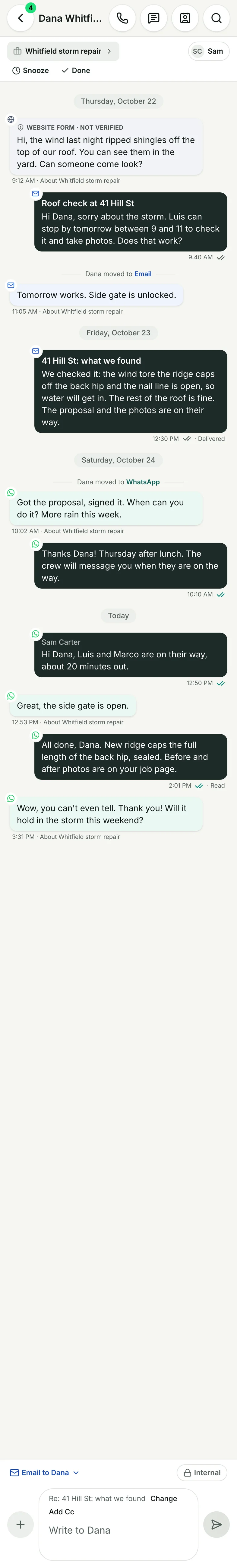 Dana's conversation in JobChalk: website chat, email and WhatsApp in one thread, with the owner and the office replying
