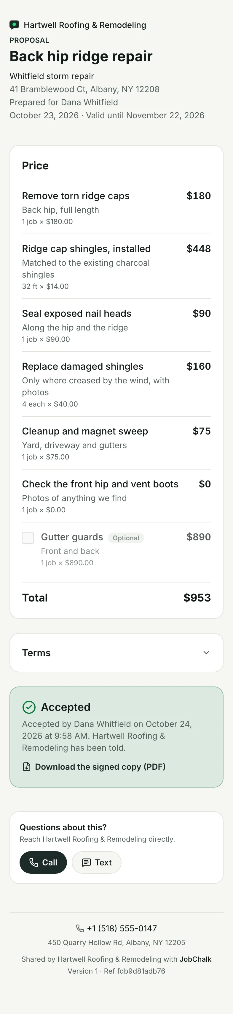 A proposal on the customer's phone, line by line, total $953, accepted