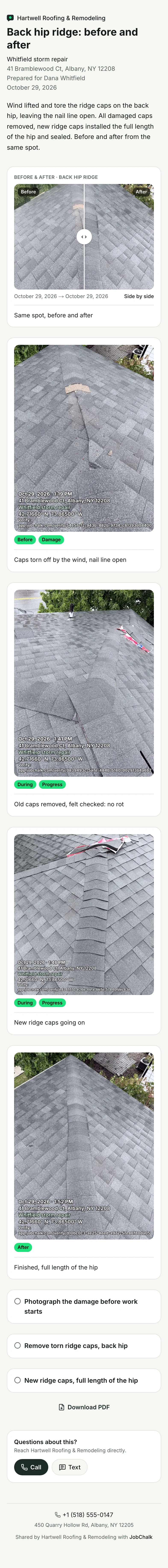 The finished report: before and after, stamped photos and notes