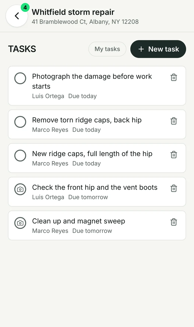 The job's tasks with assignees, due dates and photo proof